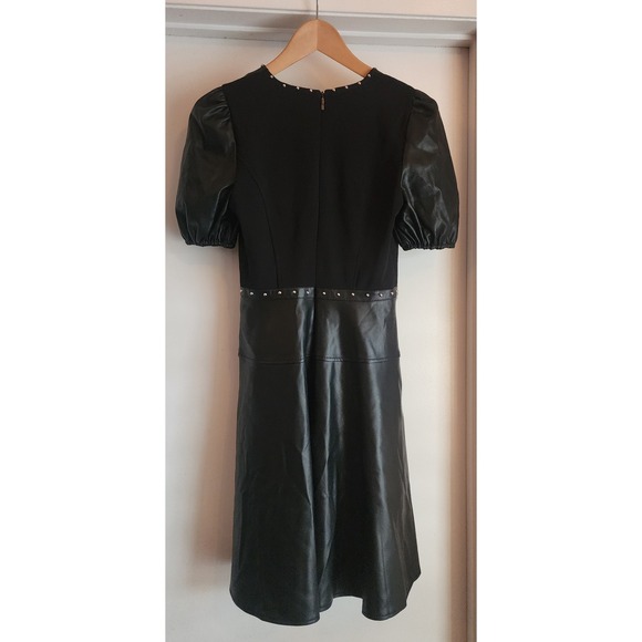 Karl Lagerfeld Paris Black Faux Leather Dress Puff Sleeve Studded sz 2